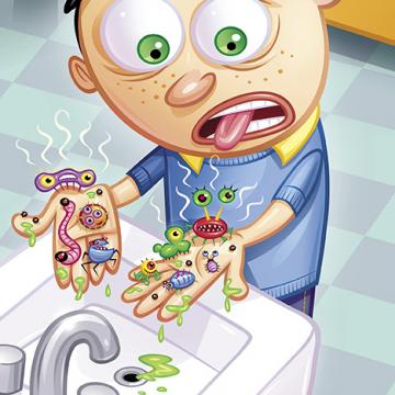 Cartoon of a kid covered in germs